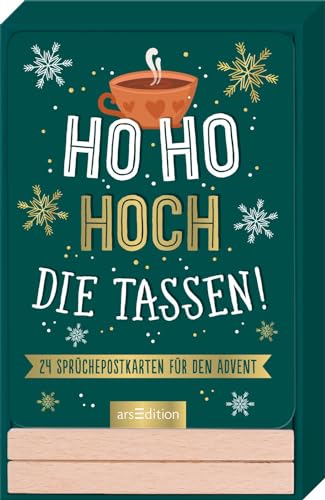 Ho Ho Hoch die Tassen!: 24 Sprüchepostkarten für den Advent | Große Karten mit witzigen Weihnachtssprüchen im Holzständer