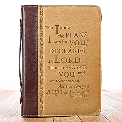 Christian Art Gifts Tan Faux Leather Bible Cover for Men and Women | I Know The Plans - Jeremiah 29:11 | Zippered Case for Bible or Book w/Handle, Large