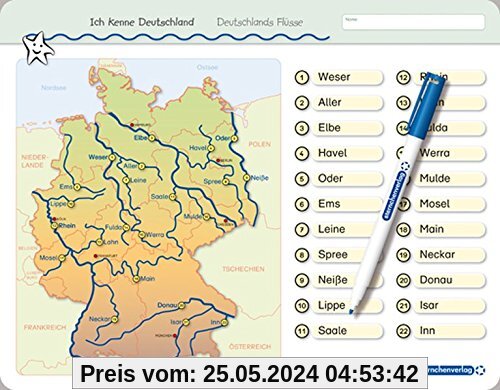 Ich kenne Deutschland - Deutschlands Flüsse: Für die 3. bis 5. Klasse - Stabile wiederbeschreibbare Lernvorlage im großen Format, 32,5 x 25 cm ... ohne zu schmieren und ohne Farbrückstände.