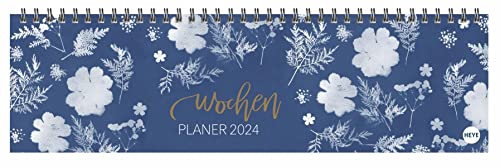 Indigo Wochenquerplaner 2024. Kalender-Kunst: Weiße Blumen-Motive auf dunkelblauem Hintergrund machen diesen Schreibtisch-Querkalender zum Highlight! Wochenkalender 2024 Querformat. von Heye