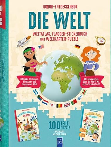 Junior-Entdeckerbox – Die Welt: Weltatlas, Flaggen-Stickerbuch und Weltkarten-Puzzle
