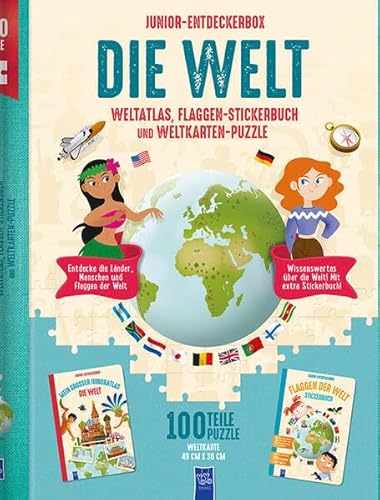 Junior-Entdeckerbox – Die Welt: Weltatlas, Flaggen-Stickerbuch und Weltkarten-Puzzle