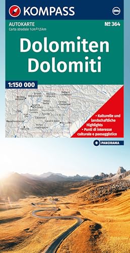 KOMPASS Auto- und Panoramakarte Dolomiten / Dolomiti / Dolomites 1:150.000: mit Panorama, kulturelle und landschaftliche Highlights eingezeichnet (KOMPASS Autokarte, Band 364) von KOMPASS-KARTEN