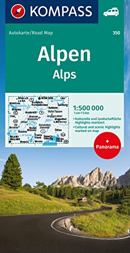 KOMPASS Autokarte Alpen, Alps, Alpi, Alpes 1:500.000: mit Panorama auf der Rückseite