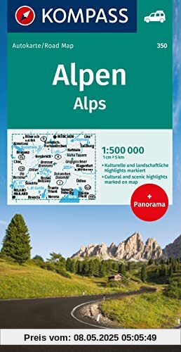 KOMPASS Autokarte Alpen, Alps, Alpi, Alpes 1:500.000: mit Panorama auf der Rückseite