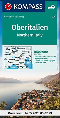 KOMPASS Autokarte Oberitalien, Italia settentrionale, Northern Italy, Italie du Nord 1:500.000: mit Panorama auf der Rückseite