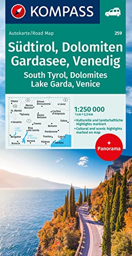 KOMPASS Autokarte Südtirol, Dolomiten, Gardasee, Venedig 1:250.000: mit Panorama auf der Rückseite von Kompass