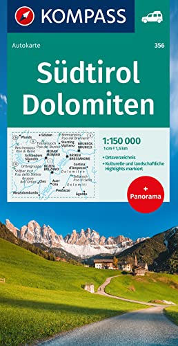 KOMPASS Autokarte Südtirol, Dolomiten 1:150.000: mit Panorama auf der Rückseite von KOMPASS-KARTEN