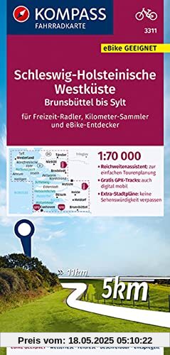 KOMPASS Fahrradkarte 3311 Schleswig-Holsteinische Westküste, Brunsbüttel bis Sylt 1:70.000: reiß- und wetterfest mit Extra Stadtplänen (KOMPASS-Fahrradkarten Deutschland, Band 3311)