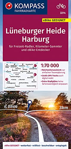 KOMPASS Fahrradkarte 3314 Lüneburger Heide, Harburg mit Knotenpunkten 1:70.000: reiß- und wetterfest mit Extra Stadtplänen