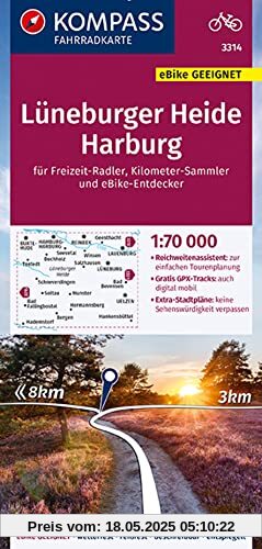 KOMPASS Fahrradkarte 3314 Lüneburger Heide, Harburg 1:70.000: reiß- und wetterfest mit Extra Stadtplänen (KOMPASS-Fahrradkarten Deutschland, Band 3314)