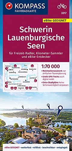 KOMPASS Fahrradkarte 3317 Schwerin, Lauenburgische Seen 1:70.000: reiß- und wetterfest mit Extra Stadtplänen von KOMPASS-KARTEN