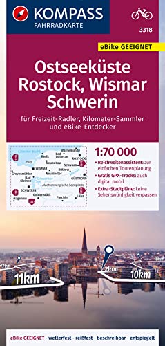 KOMPASS Fahrradkarte 3318 Ostseeküste, Rostock, Wismar, Schwerin 1:70.000: reiß- und wetterfest mit Extra Stadtplänen von Kompass