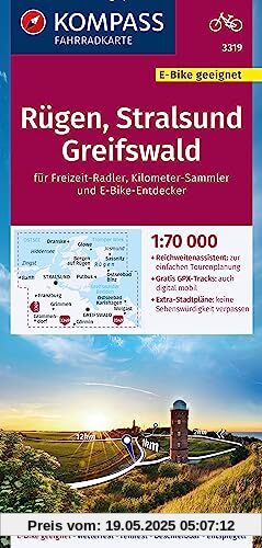 KOMPASS Fahrradkarte 3319 Rügen, Stralsund, Greifswald 1:70.000: reiß- und wetterfest mit Extra Stadtplänen
