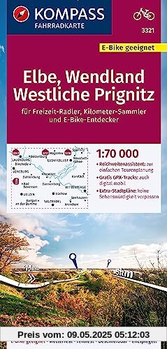 KOMPASS Fahrradkarte 3321 Elbe, Wendland, Westliche Prignitz 1:70.000: reiß- und wetterfest mit Extra Stadtplänen
