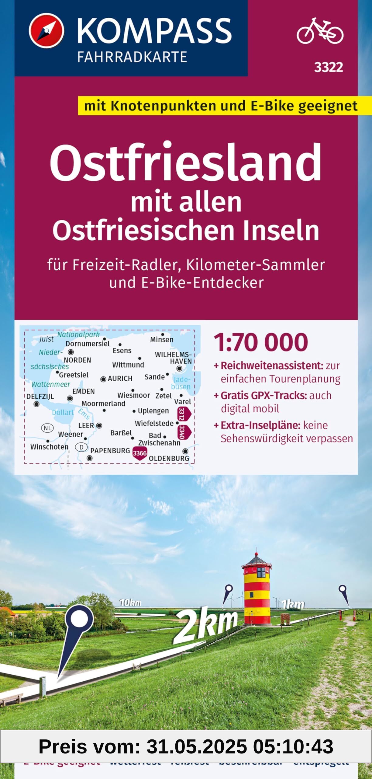 KOMPASS Fahrradkarte 3322 Ostfriesland mit allen Ostfriesischen Inseln mit Knotenpunkten 1:70.000: reiß- und wetterfest mit Extra Stadtplänen