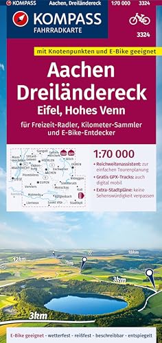 KOMPASS Fahrradkarte 3324 Aachen, Dreiländereck, Eifel, Hohes Venn mit Knotenpunkten 1:70.000: reiß- und wetterfest mit Extra Stadtplänen von Kompass