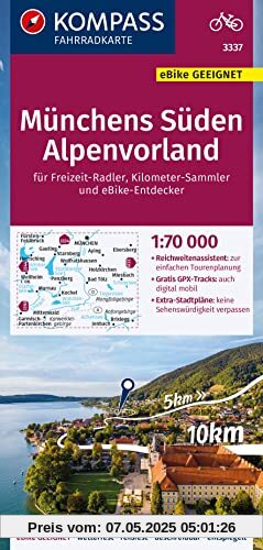 KOMPASS Fahrradkarte 3337 Münchens Süden, Alpenvorland 1:70.000: reiß- und wetterfest mit Extra Stadtplänen