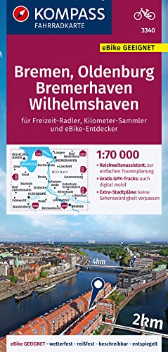 KOMPASS Fahrradkarte 3340 Bremen, Oldenburg, Bremerhaven, Wilhelmshaven 1:70.000: reiß- und wetterfest mit Extra Stadtplänen von KOMPASS-KARTEN