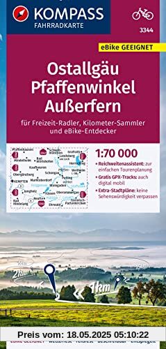 KOMPASS Fahrradkarte 3344 Ostallgäu, Pfaffenwinkel, Außerfern 1:70.000: reiß- und wetterfest mit Extra Stadtplänen