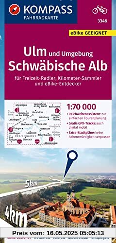 KOMPASS Fahrradkarte 3346 Ulm und Umgebung, Schwäbische Alb 1:70.000: reiß- und wetterfest mit Extra Stadtplänen