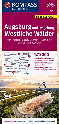 KOMPASS Fahrradkarte 3347 Augsburg und Umgebung, Westliche Wälder 1:70.000: reiß- und wetterfest mit Extra Stadtplänen von Kompass