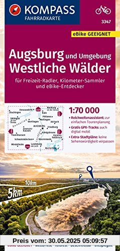 KOMPASS Fahrradkarte 3347 Augsburg und Umgebung, Westliche Wälder 1:70.000: reiß- und wetterfest mit Extra Stadtplänen