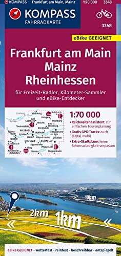 KOMPASS Fahrradkarte 3348 Frankfurt a.M., Mainz, Rheinhessen 1:70.000: reiß- und wetterfest mit Extra Stadtplänen von KOMPASS-KARTEN