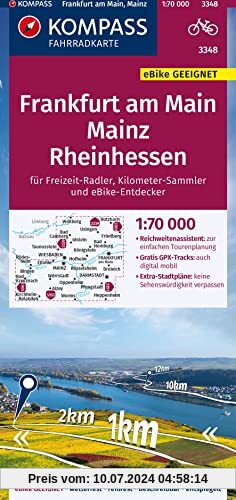 KOMPASS Fahrradkarte 3348 Frankfurt a.M., Mainz, Rheinhessen 1:70.000: reiß- und wetterfest mit Extra Stadtplänen