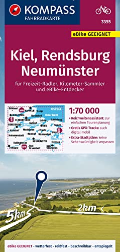 KOMPASS Fahrradkarte 3355 Kiel, Rendsburg, Neumünster 1:70.000: reiß- und wetterfest mit Extra Stadtplänen von KOMPASS-KARTEN
