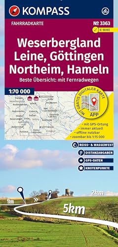 KOMPASS Fahrradkarte 3363 Weserbergland, Leine, Göttingen, Northeim, Hameln mit Knotenpunkten 1:70.000: reiß- und wetterfest von KOMPASS-KARTEN