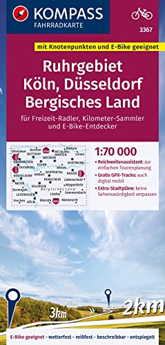 KOMPASS Fahrradkarte 3367 Ruhrgebiet, Köln, Düsseldorf, Bergisches Land mit Knotenpunkten 1:70.000: reiß- und wetterfest mit Extra Stadtplänen KOMPASS Fahrradkarte 3367 Ruhrgebiet, Köln, Düsseldorf, Bergisches Land mit Knotenpunkten 1:70.000: reiß- und wetterfest mit Extra Stadtplänen von Kompass