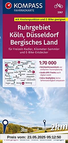 KOMPASS Fahrradkarte 3367 Ruhrgebiet, Köln, Düsseldorf, Bergisches Land 1:70.000: reiß- und wetterfest mit Extra Stadtplänen KOMPASS Fahrradkarte 3367 Ruhrgebiet, Köln, Düsseldorf, Bergisches Land 1:70.000: reiß- und wetterfest mit Extra Stadtplänen