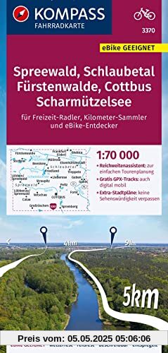 KOMPASS Fahrradkarte 3370 Spreewald, Schlaubetal, Fürstenwalde, Cottbus, Scharmützelsee 1:70.000: reiß- und wetterfest mit Extra Stadtplänen