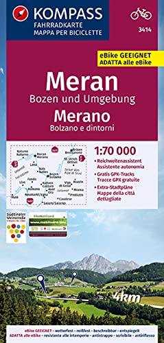 KOMPASS Fahrradkarte 3414 Meran, Bozen und Umgebung, Merano, Bolzano e dintorn 1:70.000: reiß- und wetterfest mit Extra Stadtplänen