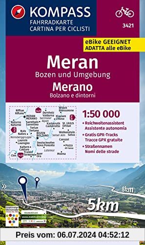 KOMPASS Fahrradkarte 3421 Meran, Bozen und Umgebung, 1:50.000: reiß- und wetterfest mit Extra Stadtplänen (KOMPASS-Fahrradkarten International, Band 3421)
