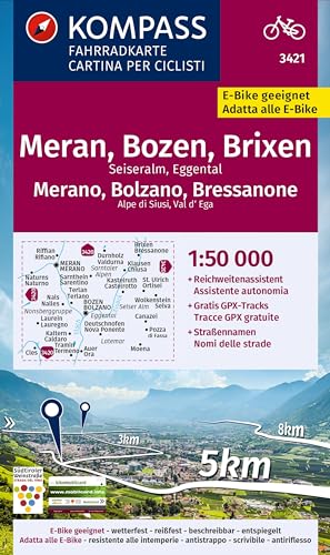 KOMPASS Fahrradkarte 3421 Meran, Bozen und Umgebung 1:50.000: reiß- und wetterfest mit Extra Stadtplänen von KOMPASS-KARTEN