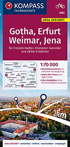 KOMPASS Fahrradkarte 3362 Gotha, Erfurt, Weimar, Jena 1:70.000: reiß- und wetterfest mit Extra Stadtplänen von Kompass