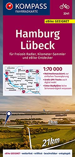 KOMPASS Fahrradkarte 3341 Hamburg, Lübeck 1:70.000: reiß- und wetterfest mit Extra Stadtplänen von Kompass