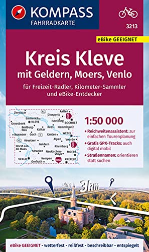 KOMPASS Fahrradkarte 3213 Kreis Kleve mit Geldern, Moers, Venlo mit Knotenpunkten 1:50.000: reiß- und wetterfest von Kompass