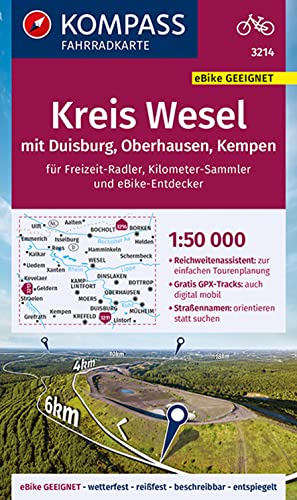 KOMPASS Fahrradkarte 3214 Kreis Wesel mit Duisburg, Oberhausen, Kempen mit Knotenpunkten 1:50.000: reiß- und wetterfest von Kompass Karten GmbH