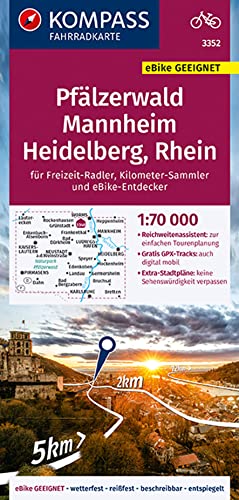 KOMPASS Fahrradkarte 3352 Pfälzerwald, Mannheim, Heidelberg, Rhein 1:70.000: reiß- und wetterfest mit Extra Stadtplänen