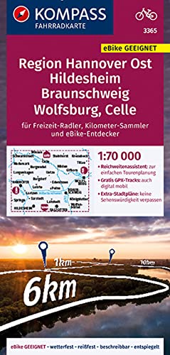 KOMPASS Fahrradkarte 3365 Region Hannover Ost, Hildesheim, Braunschweig, Wolfsburg, Celle 1:70.000: reiß- und wetterfest mit Extra Stadtplänen
