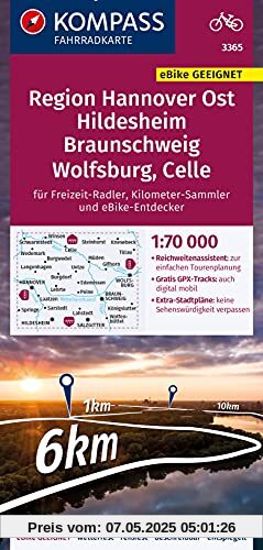 KOMPASS Fahrradkarte Region Hannover Ost, Hildesheim, Braunschweig, Wolfsburg, Celle 3365: Fahrradkarte. GPS-genau. 1:70000 (KOMPASS-Fahrradkarten Deutschland, Band 3365)