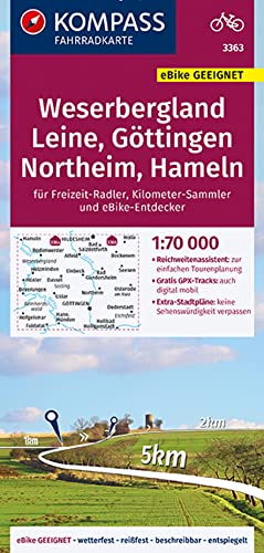 KOMPASS Fahrradkarte 3363 Weserbergland, Leine, Göttingen, Northeim, Hameln 1:70.000: reiß- und wetterfest mit Extra Stadtplänen