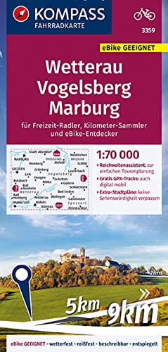 KOMPASS Fahrradkarte 3359 Wetterau, Vogelsberg, Marburg 1:70.000: reiß- und wetterfest mit Extra Stadtplänen von Kompass