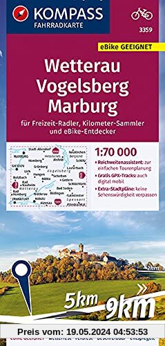 KOMPASS Fahrradkarte Wetterau, Vogelsberg, Marburg: reiß- und wetterfest mit Extra Stadtplänen (KOMPASS-Fahrradkarten Deutschland, Band 3359)