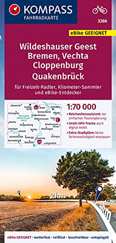 KOMPASS Fahrradkarte 3366 Wildeshauser Geest Bremen Vechta Cloppenburg Quakenbrück mit Knotenpunkten 1:70.000: reiß- und wetterfest mit Extra Stadtplänen von Kompass