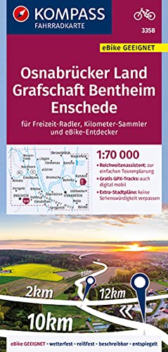 KOMPASS Fahrradkarte 3358 Osnabrücker Land, Grafschaft Bentheim, Enschede 1:70.000: reiß- und wetterfest mit Extra Stadtplänen von Kompass