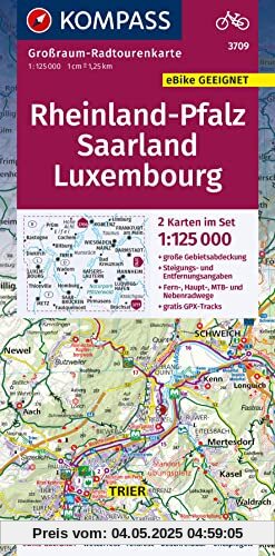 KOMPASS Großraum-Radtourenkarte 3709 Rheinland-Pfalz, Saarland, Luxembourg 1:125.000: 2 Karten im Set, reiß- und wetterfest, GPX-Daten zum Download